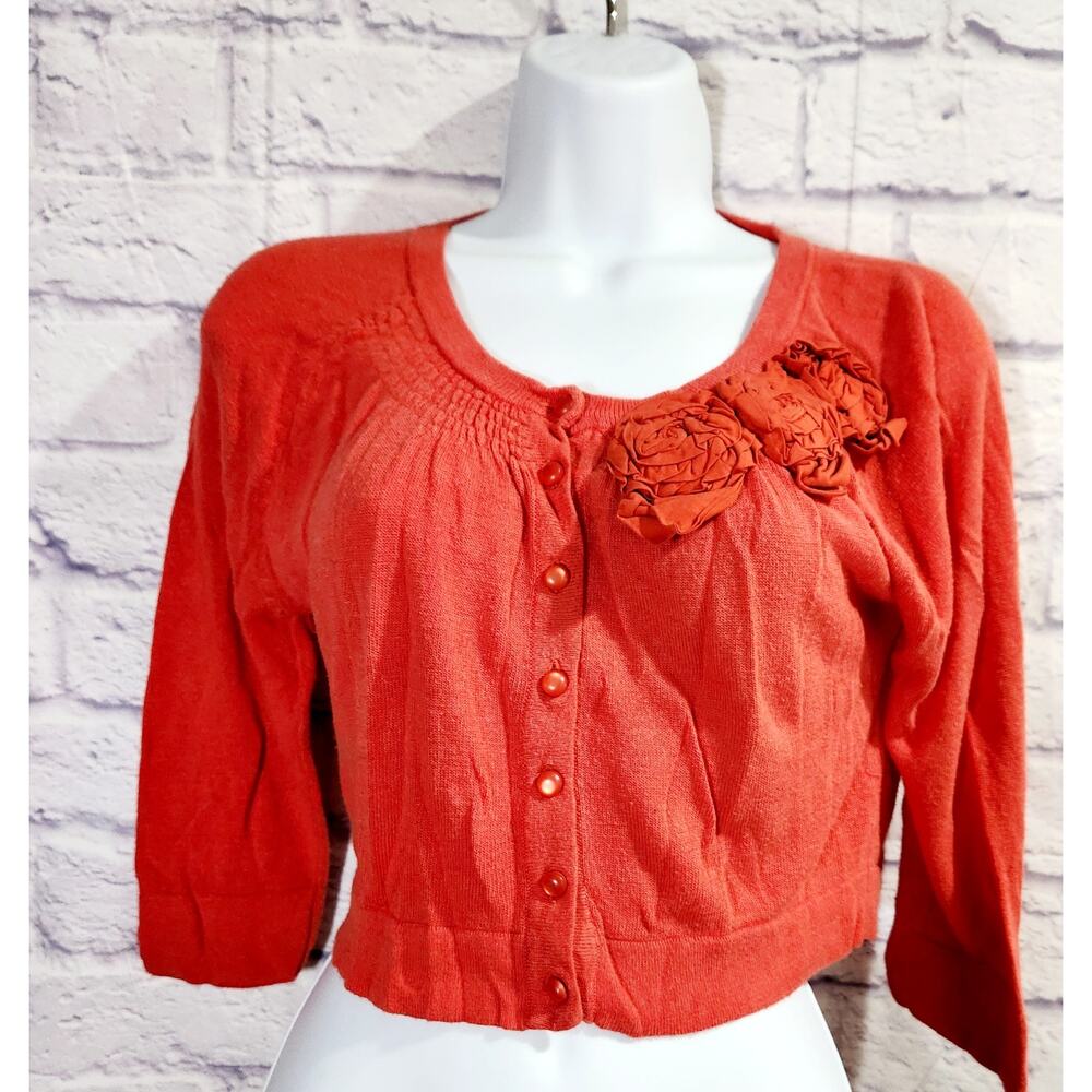 Kensie Orange 3D Rosettes Cropped Button Up Cardigan Sweater Medium Lightweight